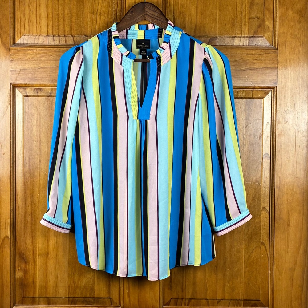 Worthington Petite PM Multicolored Vertical Striped Ruffle V-Neck Blouse Top